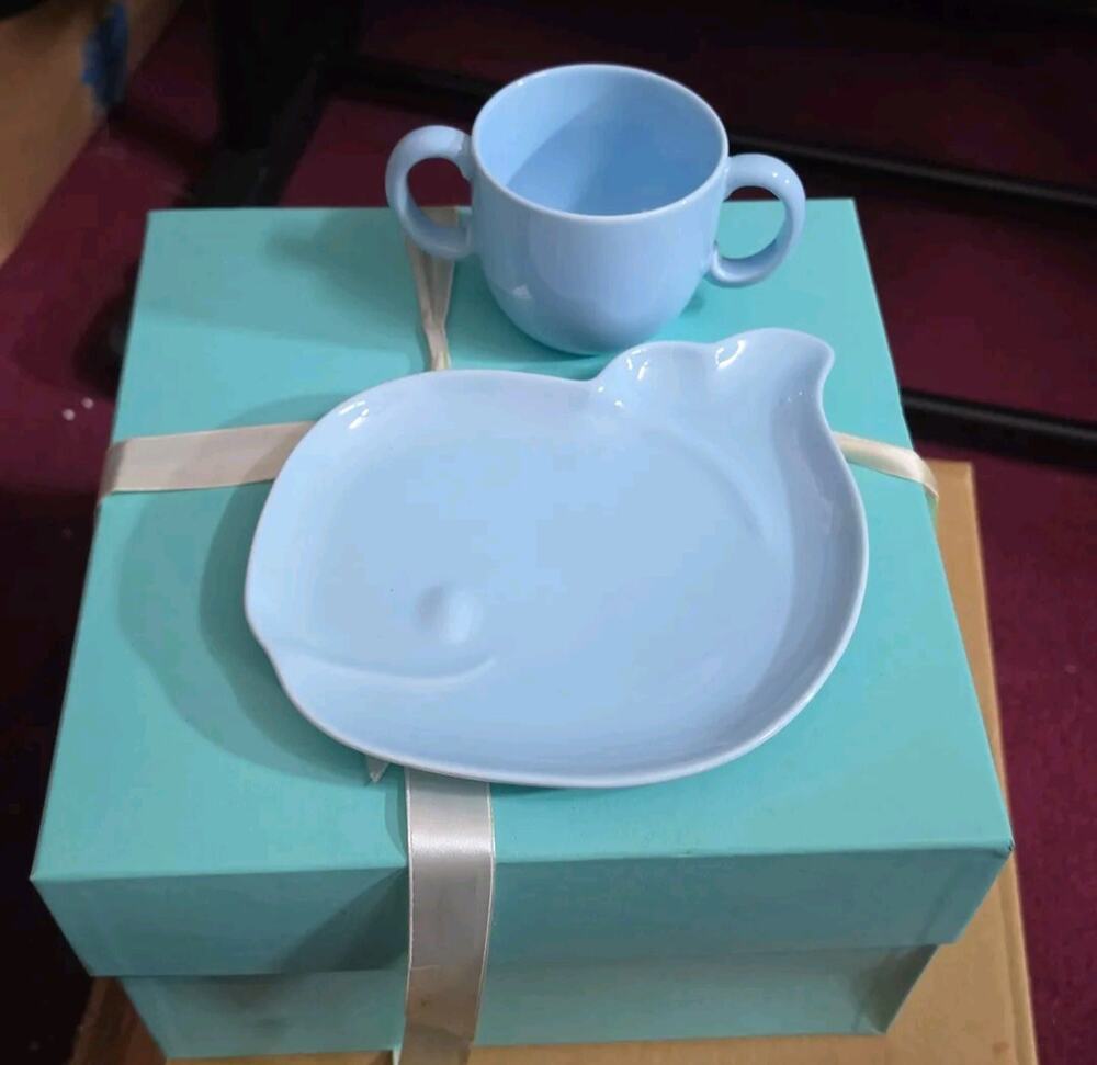 Tiffany & Co. Tiffany Tots Whale Plate Cup Set Blue Porcelain In Original Box !!